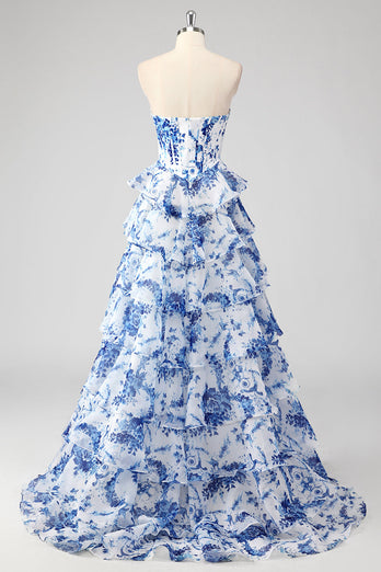 Blush Floral A Line Sweetheart Ruffled Corset Formal Dress