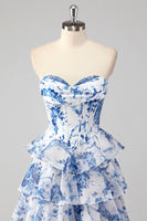 Load image into Gallery viewer, Blue Sweetheart Corset Ruffled Floral Print Long Formal Dress