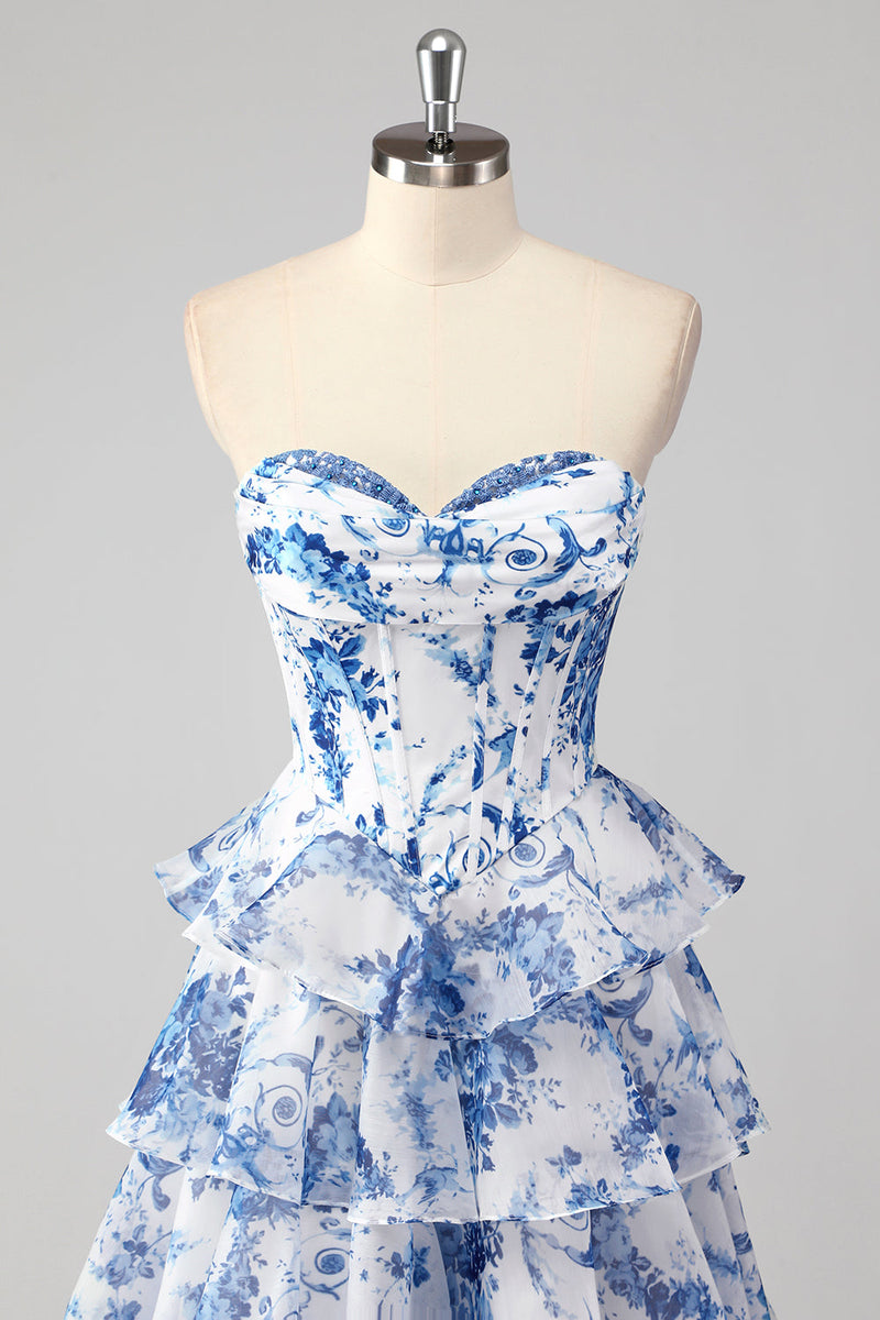 Load image into Gallery viewer, Blush Floral A Line Sweetheart Ruffled Corset Formal Dress
