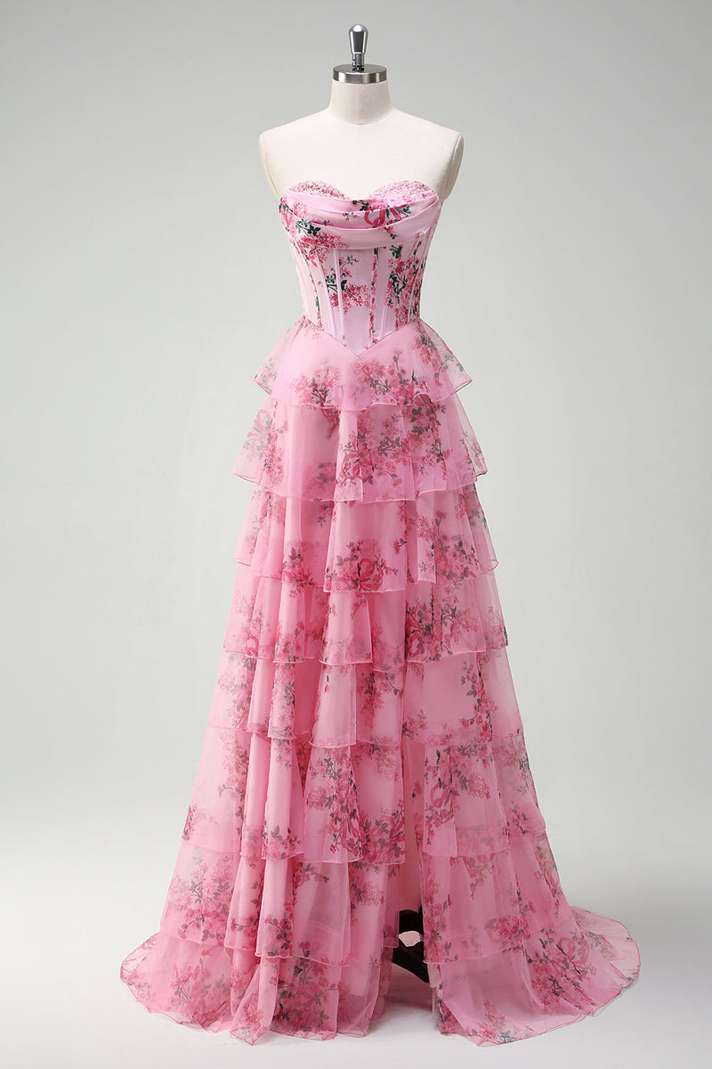 Load image into Gallery viewer, Zapaka Women Blush Chiffon Long Formal Dress with Slit Ruffled A-Line Sweetheart Strapless Tiered Corset Wedding Guest Dress