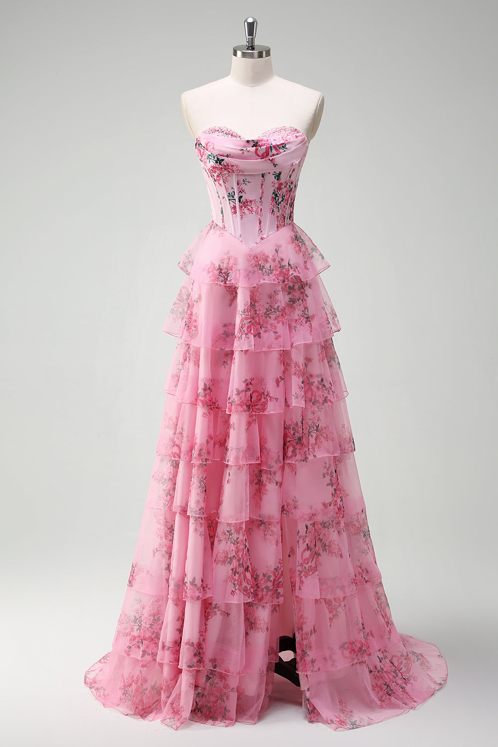 Zapaka Women Blush Chiffon Long Formal Dress with Slit Ruffled A-Line Sweetheart Strapless Tiered Corset Wedding Guest Dress
