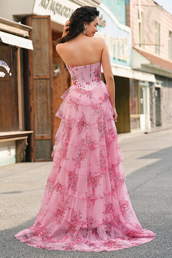 Blush Floral A Line Sweetheart Ruffled Corset Formal Dress