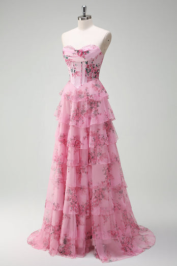 Blush Floral A Line Sweetheart Ruffled Corset Formal Dress