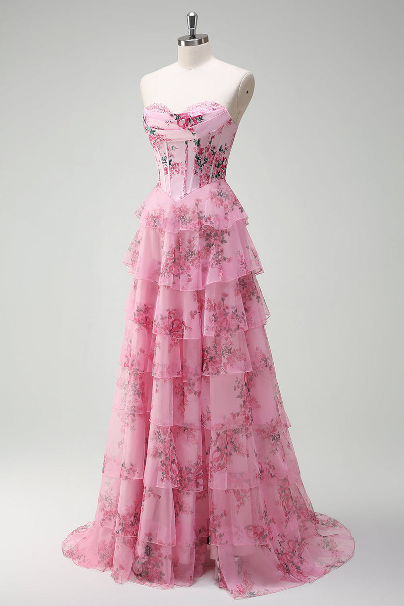 Load image into Gallery viewer, Blush Floral A Line Sweetheart Ruffled Corset Formal Dress