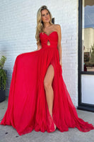 Load image into Gallery viewer, Red A-Line Strapless Pleated Keyhole Long Formal Dress with Slit