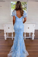Load image into Gallery viewer, Sparkly Blue Mermaid Lace Puff Sleeves Long Formal Dress with Bows