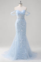 Load image into Gallery viewer, Blue Mermaid Off the Shoulder Corset Formal Dress with Appliques