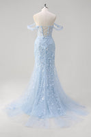 Load image into Gallery viewer, Blue Mermaid Off the Shoulder Corset Formal Dress with Appliques