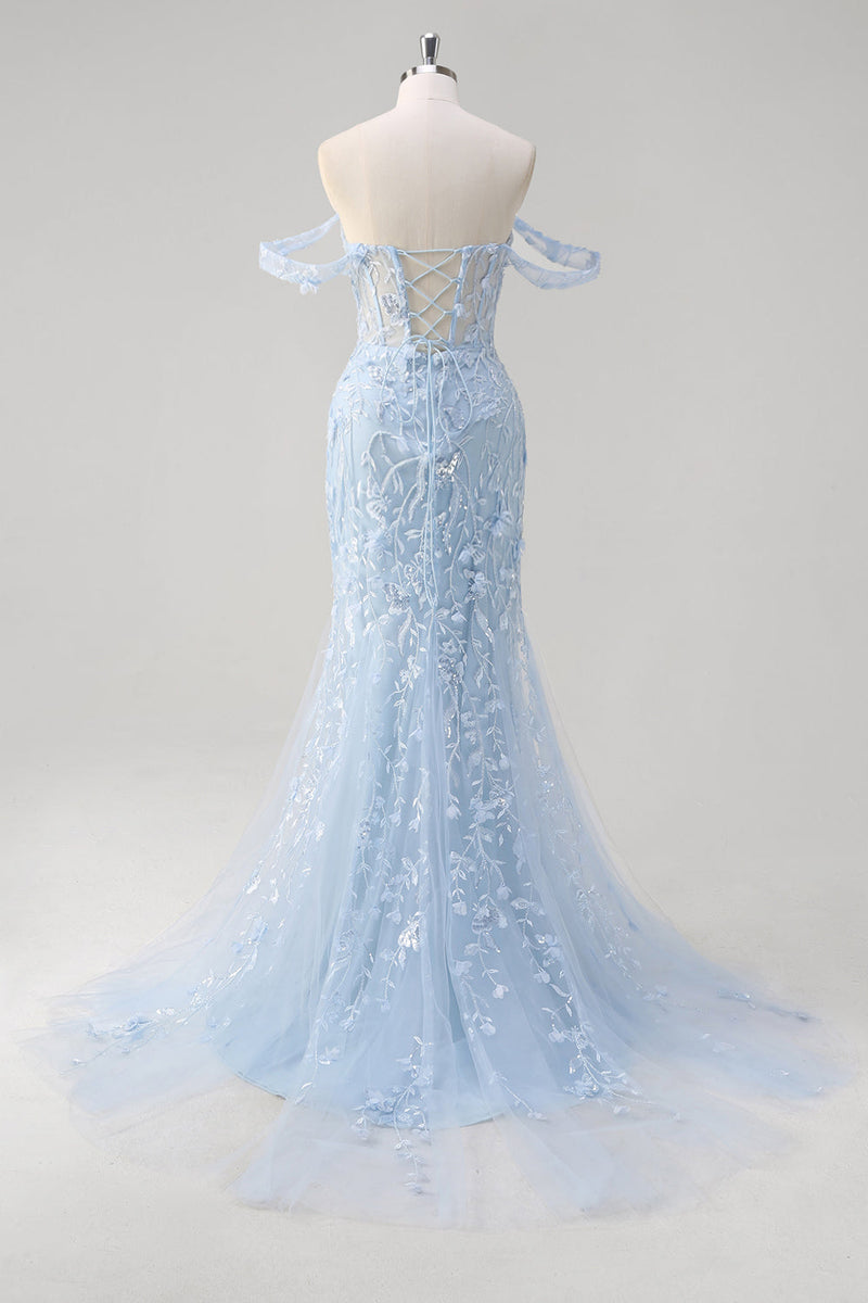 Load image into Gallery viewer, Blue Mermaid Off the Shoulder Corset Formal Dress with Appliques