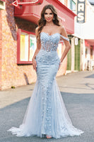 Load image into Gallery viewer, Blue Mermaid Off the Shoulder Corset Formal Dress with Appliques