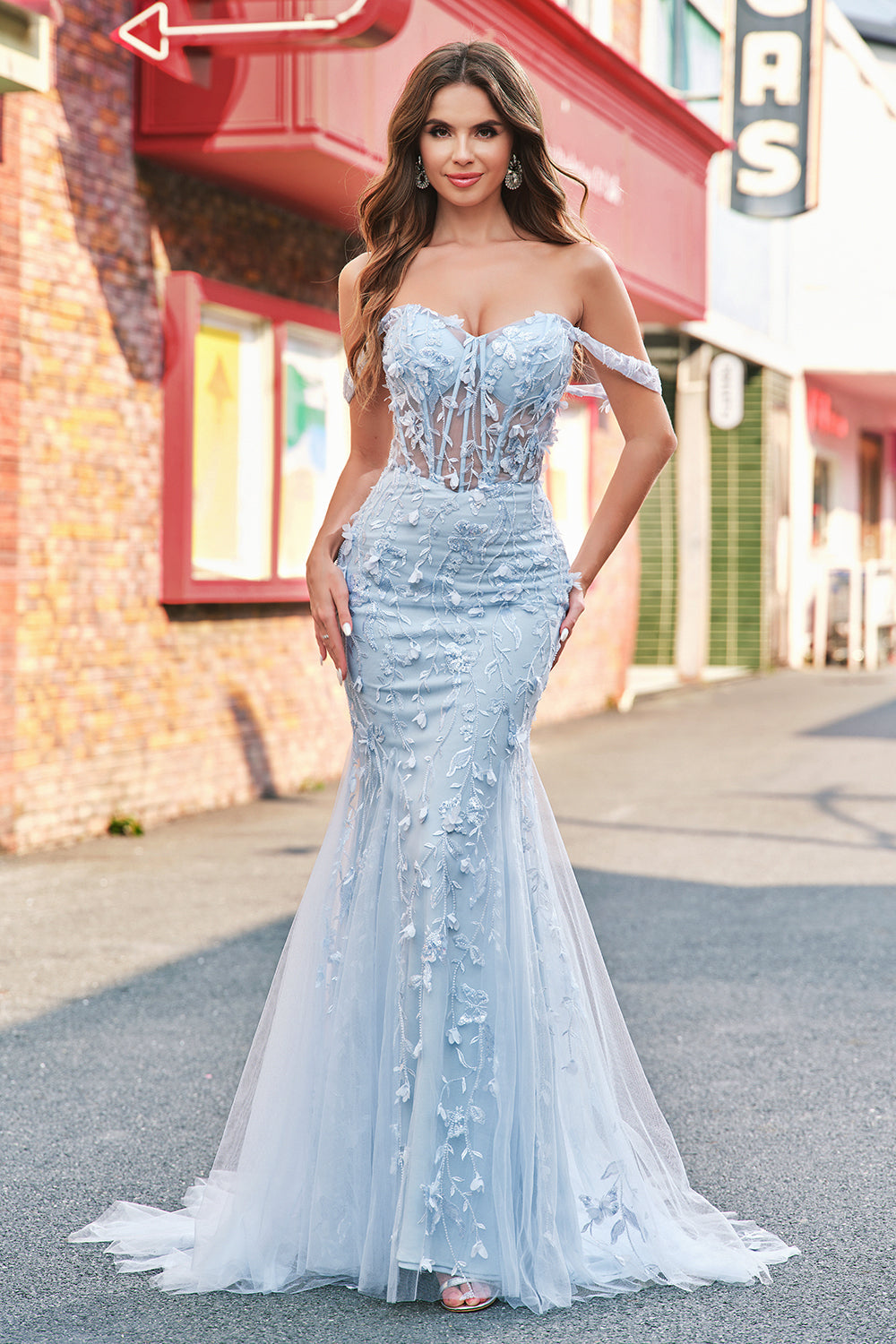 Blue Mermaid Off the Shoulder Corset Formal Dress with Appliques