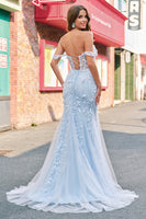 Load image into Gallery viewer, Blue Mermaid Off the Shoulder Corset Formal Dress with Appliques