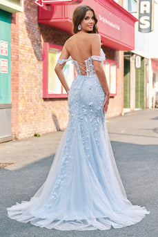 Blue Mermaid Off the Shoulder Corset Formal Dress with Appliques