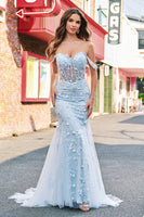 Load image into Gallery viewer, Blue Mermaid Off the Shoulder Corset Formal Dress with Appliques