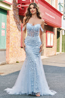 Load image into Gallery viewer, Blue Mermaid Off the Shoulder Corset Formal Dress with Appliques