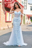 Load image into Gallery viewer, Blue Mermaid Off the Shoulder Corset Formal Dress with Appliques