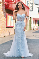 Load image into Gallery viewer, Blue Mermaid Off the Shoulder Corset Formal Dress with Appliques