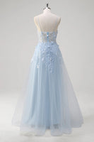 Load image into Gallery viewer, Blue A Line Appliqued Corset Long Formal Dress with Tulle
