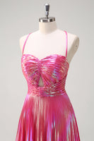 Load image into Gallery viewer, Metallic Blush Spaghetti Straps A Line Long Formal Dress with Slit