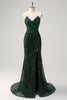 Load image into Gallery viewer, Sparkly Dark Green Mermaid Sweetheart Sequin Formal Dress with Slit