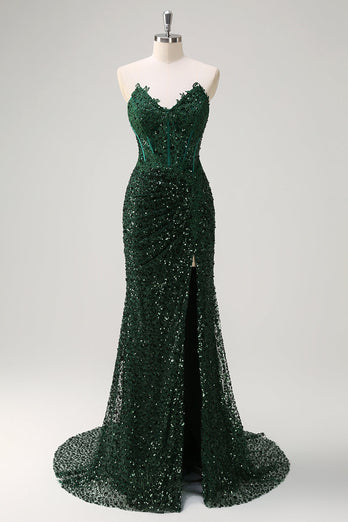 Sparkly Dark Green Mermaid Sweetheart Sequin Formal Dress with Slit