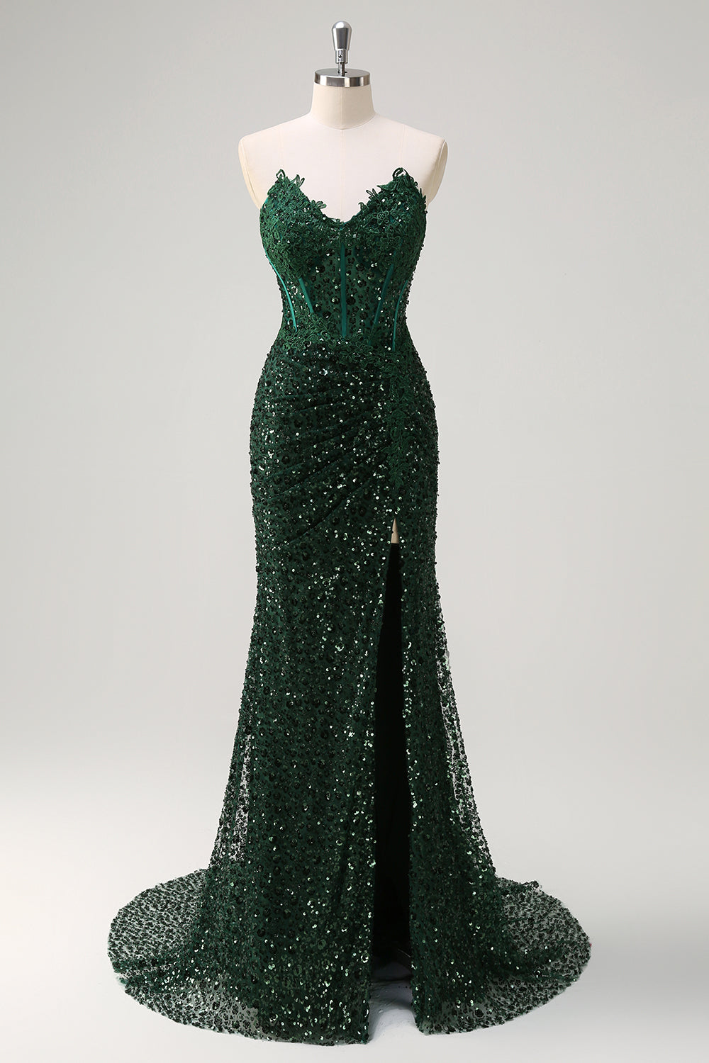 Sparkly Dark Green Mermaid Sweetheart Sequin Formal Dress with Slit