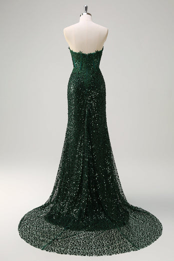 Sparkly Dark Green Mermaid Sweetheart Sequin Formal Dress with Slit