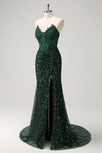 Sparkly Dark Green Mermaid Sweetheart Sequin Formal Dress with Slit