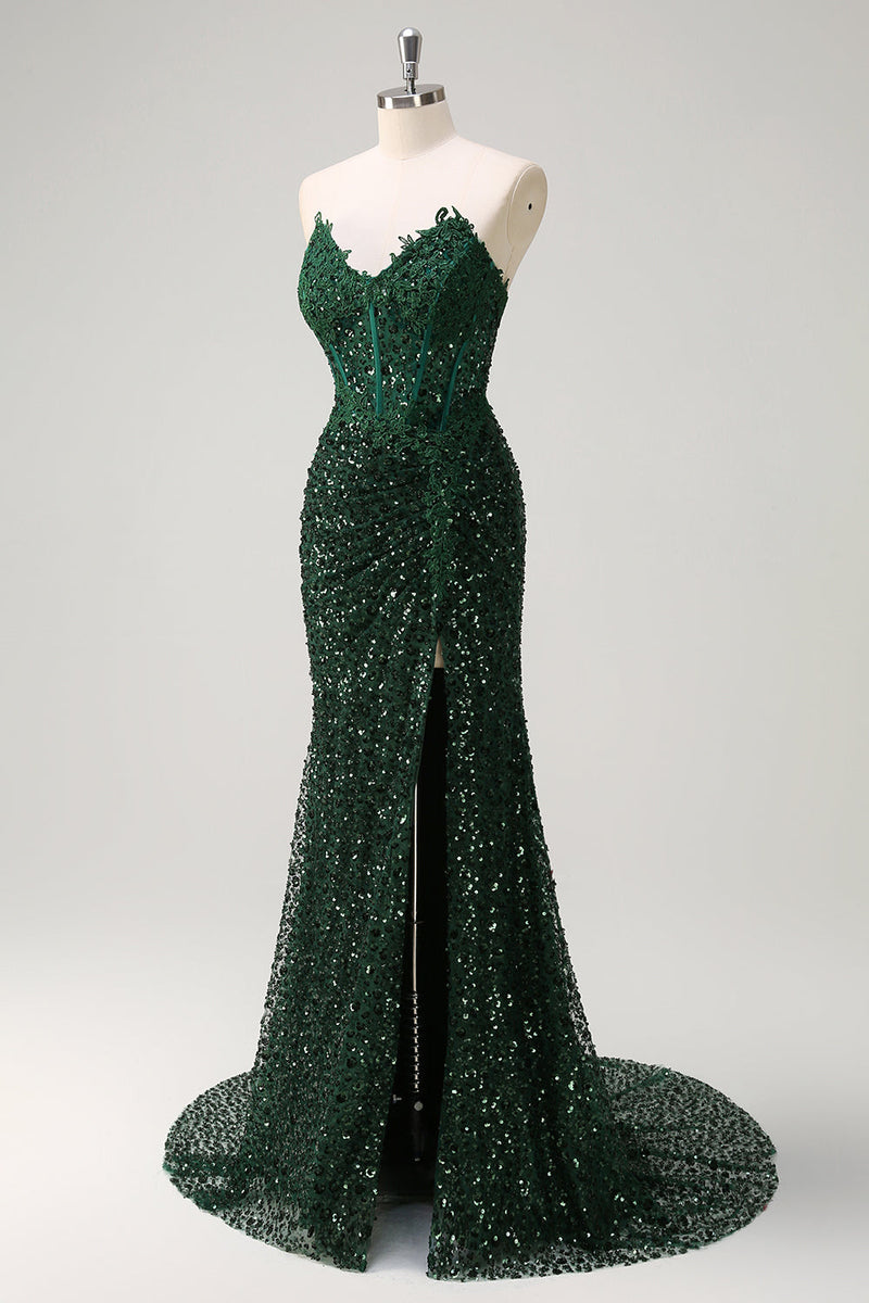 Load image into Gallery viewer, Sparkly Dark Green Mermaid Sweetheart Sequin Formal Dress with Slit