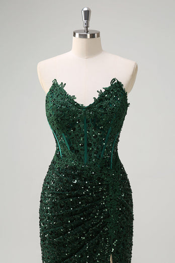 Sparkly Dark Green Mermaid Sweetheart Sequin Formal Dress with Slit