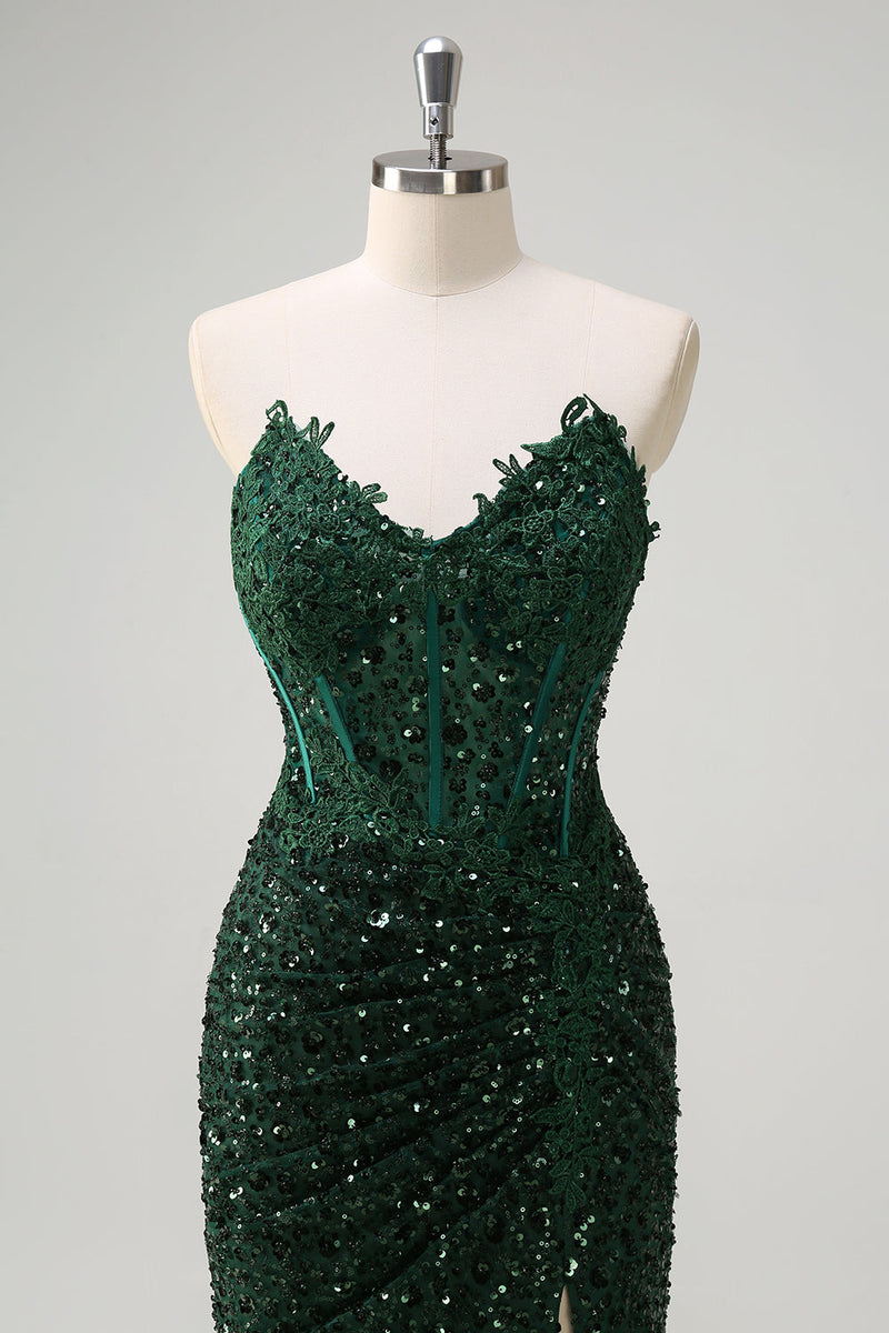 Load image into Gallery viewer, Sparkly Dark Green Mermaid Sweetheart Sequin Formal Dress with Slit