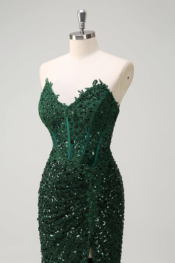 Sparkly Dark Green Mermaid Sweetheart Sequin Formal Dress with Slit
