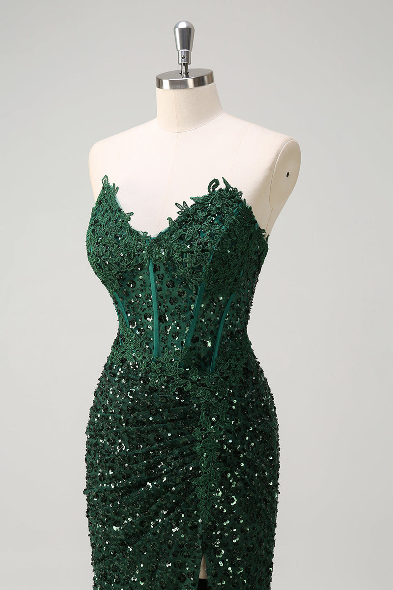Load image into Gallery viewer, Sparkly Dark Green Mermaid Sweetheart Sequin Formal Dress with Slit