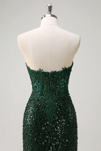 Sparkly Dark Green Mermaid Sweetheart Sequin Formal Dress with Slit