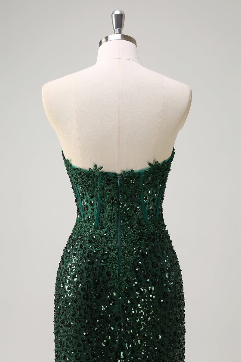 Load image into Gallery viewer, Sparkly Dark Green Mermaid Sweetheart Sequin Formal Dress with Slit