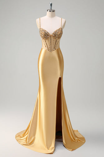 Golden Satin Mermaid Spaghetti Straps Corset Long Formal Dress with Slit