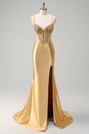 Golden Satin Mermaid Spaghetti Straps Corset Long Formal Dress with Slit