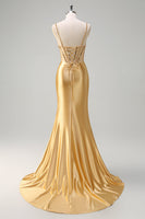 Load image into Gallery viewer, Golden Satin Mermaid Spaghetti Straps Corset Long Formal Dress with Slit