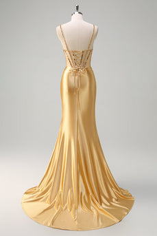 Golden Satin Mermaid Spaghetti Straps Corset Long Formal Dress with Slit