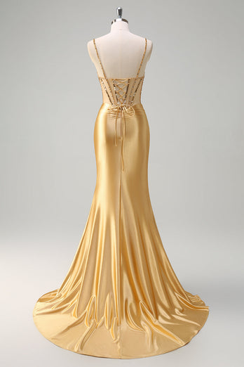 Golden Satin Mermaid Spaghetti Straps Corset Long Formal Dress with Slit