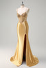 Load image into Gallery viewer, Golden Satin Mermaid Spaghetti Straps Corset Long Formal Dress with Slit