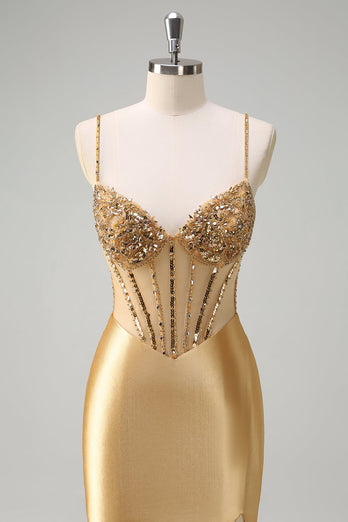Golden Satin Mermaid Spaghetti Straps Corset Long Formal Dress with Slit