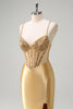 Load image into Gallery viewer, Golden Satin Mermaid Spaghetti Straps Corset Long Formal Dress with Slit