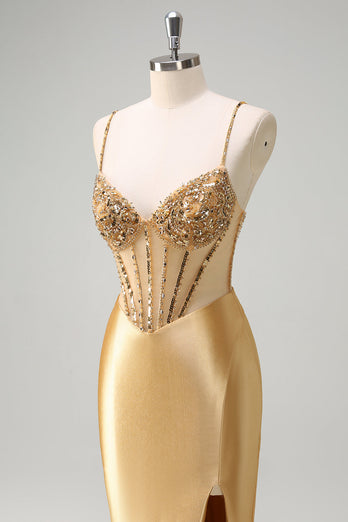 Golden Satin Mermaid Spaghetti Straps Corset Long Formal Dress with Slit