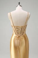 Load image into Gallery viewer, Golden Satin Mermaid Spaghetti Straps Corset Long Formal Dress with Slit