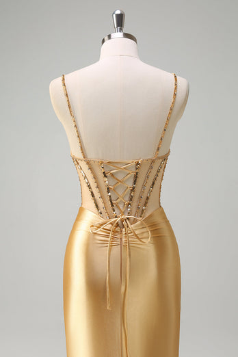 Golden Satin Mermaid Spaghetti Straps Corset Long Formal Dress with Slit