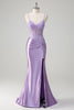 Load image into Gallery viewer, Zapaka Women Lilac Formal Dress with Appliques Mermaid Spaghetti Straps Long Split Front Evening Dress