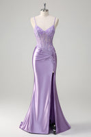 Load image into Gallery viewer, Zapaka Women Lilac Formal Dress with Appliques Mermaid Spaghetti Straps Long Split Front Evening Dress