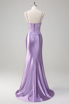 Lilac Mermaid Satin Spaghetti Straps Long Formal Dress with Appliques