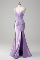 Load image into Gallery viewer, Lilac Mermaid Satin Spaghetti Straps Long Formal Dress with Appliques